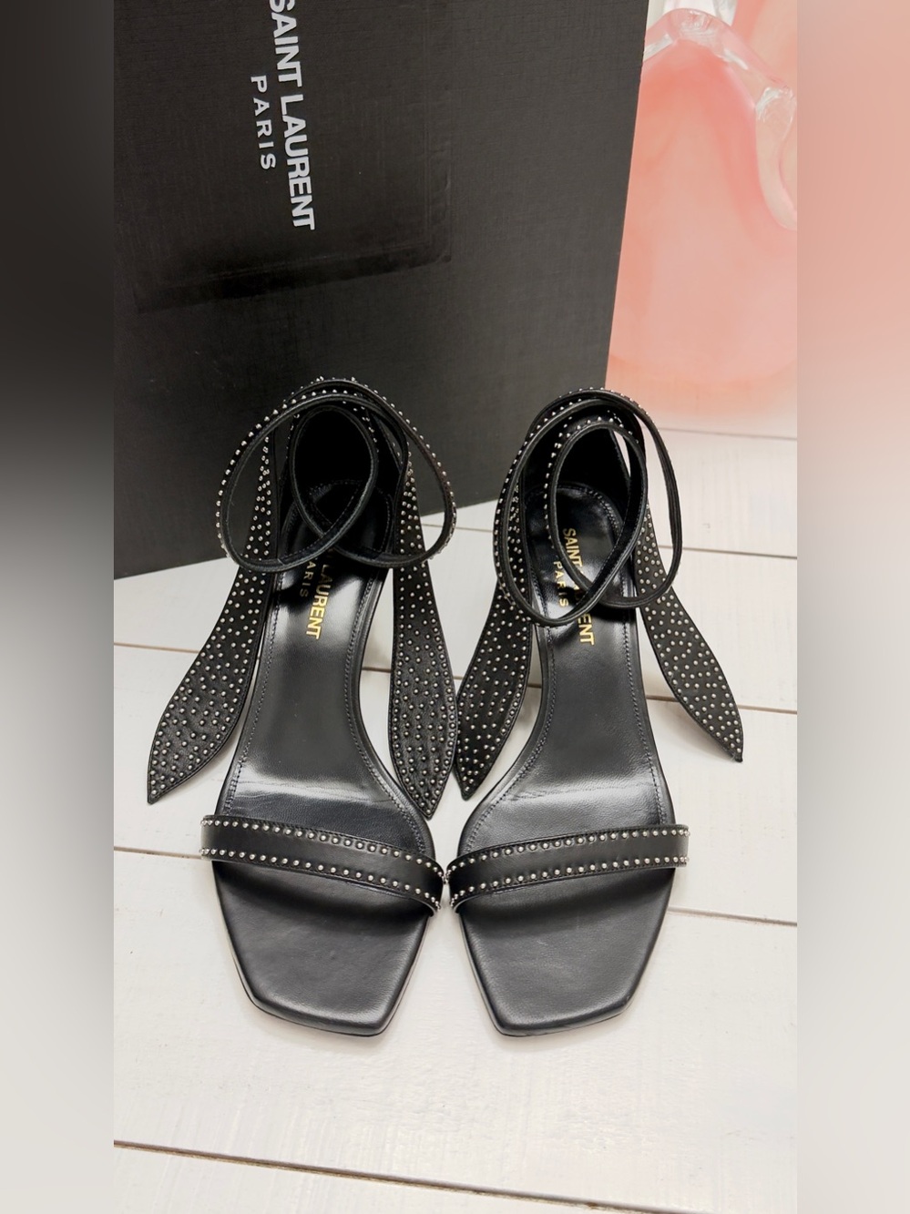 Saint Laurent Studded Leather Ankle Wrap Kitten Heel Sandals